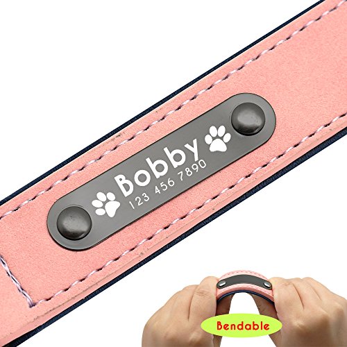 Didog - Collar de piel suave acolchada personalizable para perro, chapa de nombre, anilla en D, collar grabado para perro, tamaños pequeño, mediano y grande