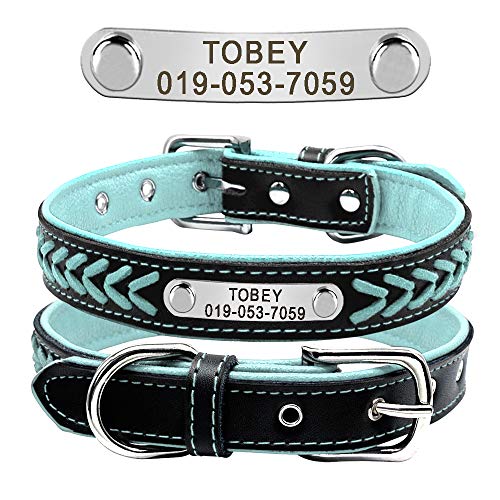 Didog Collar personalizado de cuero, collares de perro grabados de cuero trenzado con placa de identificación personalizada para perros pequeños y medianos grandes, azul, tamaño L