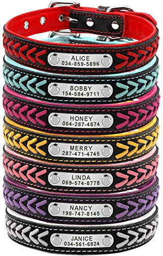 Didog Collar personalizado de cuero, collares de perro grabados de cuero trenzado con placa de identificación personalizada para perros pequeños y medianos grandes, azul, tamaño L