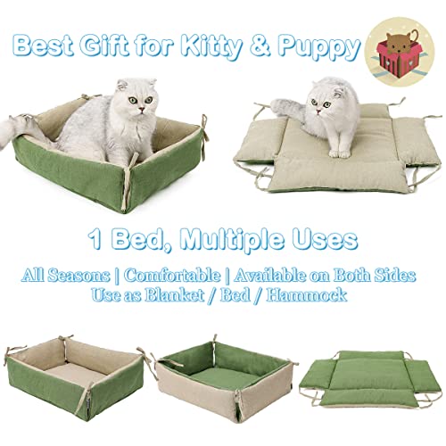 DINGC Cama para Gatos Doble Uso para Mascotas, Cama Viscoelastica para Perros Pequeños Antimordeduras Rellena de Algodón y Lino Hueca, Nido de Gato Cómoda y Transpirable (18,1"×15,0"×4,7", Verde)