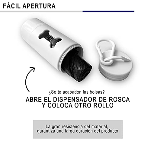 Dispensador bolsas caca perro con luz led incorporada. Incluye 90 bolsas extra para recoger excrementos. Porta bolsas caca perro ideal para pasear por la noche. Accesorios mascotas. (Blanco)