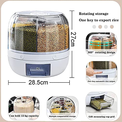 Dispensador de alimentos giratorios de 6 redes - Recipiente de almacenamiento de arroz y grano, salida de arroz de un solo clic, adecuado para arroz, alimentos para mascotas, frijoles