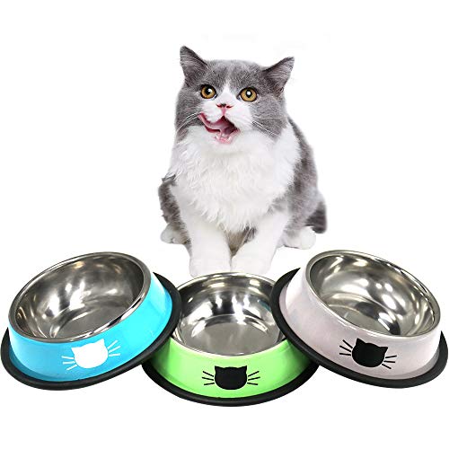 DMSL Cuenco para Gato Antideslizante 3 Piezas, Comederos de Acero Inoxidable Tazón de Gatos para Agua Comida, Comederos y Bebederos para Gatitos Cachorros Conejos Mascotas Animales Pequeños