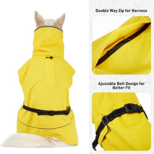 Dociote Chubasquero para Perros con Cuello Alto, Impermeable Abrigo Perros con Capucha y Orificio para la Correa, Reflectante Ajustable Impermeable para Perros Medianos y Grandes Amarillo 4XL