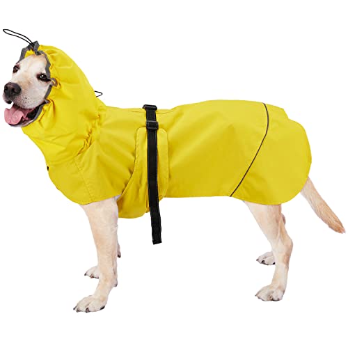 Dociote Chubasquero para Perros con Cuello Alto, Impermeable Abrigo Perros con Capucha y Orificio para la Correa, Reflectante Ajustable Impermeable para Perros Medianos y Grandes Amarillo 4XL