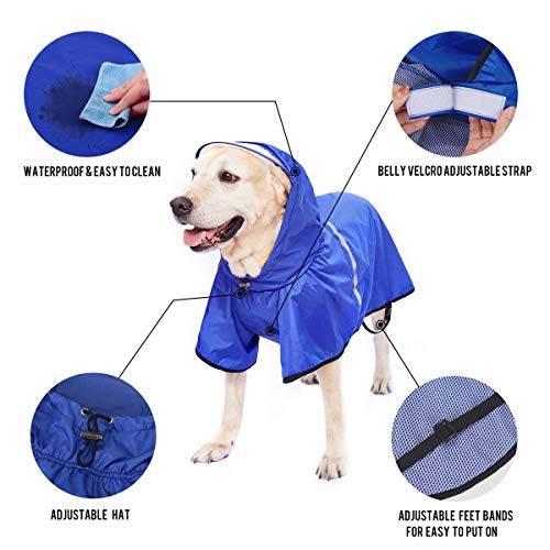 Dociote Impermeable para Perros Grande Ajustable Respirante Capa de Lluvia Chubasquero con Capucha & Collar Agujero para Mascotas Perro Mediano Grande PU Amarillo Azul 4XL