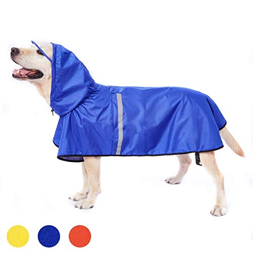 Dociote Impermeable para Perros Grande Ajustable Respirante Capa de Lluvia Chubasquero con Capucha & Collar Agujero para Mascotas Perro Mediano Grande PU Amarillo Azul 4XL