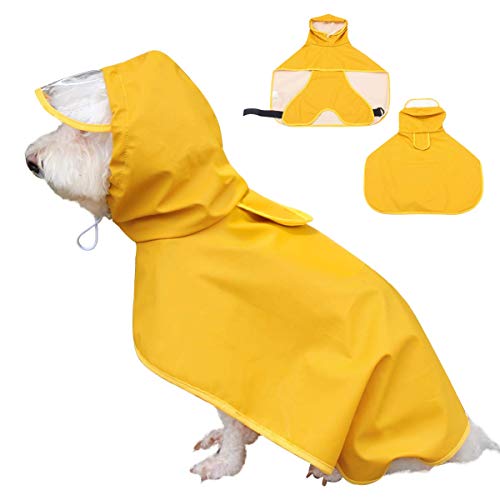 Dociote Impermeable para Perros Mascotas Ajustable Respirante Capa de Lluvia Chubasquero con Capucha & Collar Agujero para Perro pequeño Mediano PU Amarillo