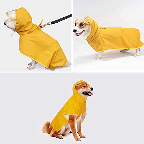 Dociote Impermeable para Perros Mascotas Ajustable Respirante Capa de Lluvia Chubasquero con Capucha & Collar Agujero para Perro pequeño Mediano PU Amarillo