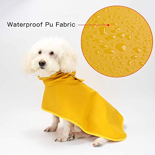 Dociote Impermeable para Perros Mascotas Ajustable Respirante Capa de Lluvia Chubasquero con Capucha & Collar Agujero para Perro pequeño Mediano PU Amarillo