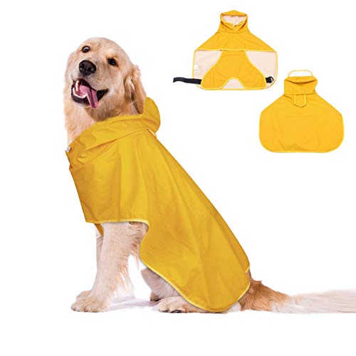 Dociote Impermeable para Perros Mascotas Ajustable Respirante Capa de Lluvia Chubasquero con Capucha & Collar Agujero para Perro pequeño Mediano PU Amarillo