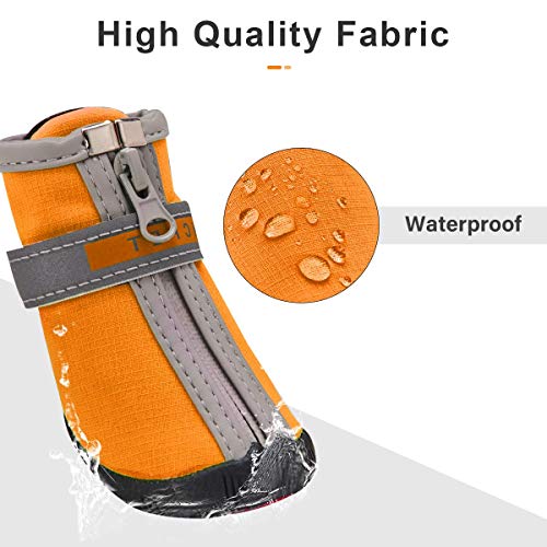 Dociote Zapatos para Perro, 4Pcs Antideslizante Botas con Correas Resistente, Impermeables Protectores de Patas para Perros pequeños y Medianos Naranja 5#