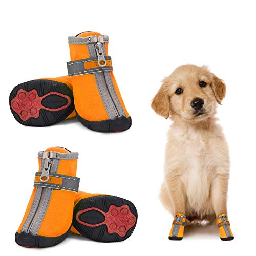 Dociote Zapatos para Perro, 4Pcs Antideslizante Botas con Correas Resistente, Impermeables Protectores de Patas para Perros pequeños y Medianos Naranja 5#