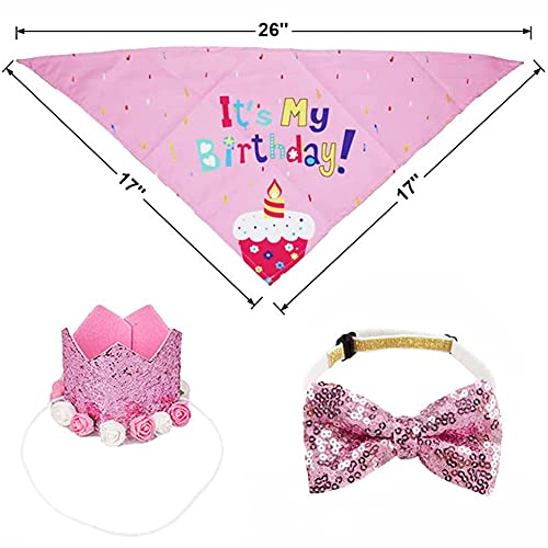 Dog Birthday Pink Flower Crown Hat Triangle Scarf Cute Cat and Dog Headdress Bow Tie Cat and Dog Celebration Birthday Balloon Banner Set, Small Medium Pet Birthday Party Decoration Supplies