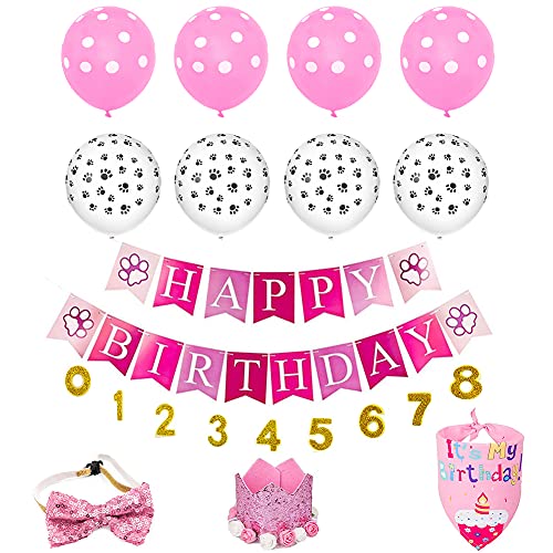 Dog Birthday Pink Flower Crown Hat Triangle Scarf Cute Cat and Dog Headdress Bow Tie Cat and Dog Celebration Birthday Balloon Banner Set, Small Medium Pet Birthday Party Decoration Supplies