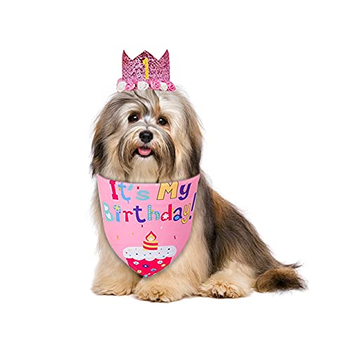 Dog Birthday Pink Flower Crown Hat Triangle Scarf Cute Cat and Dog Headdress Bow Tie Cat and Dog Celebration Birthday Balloon Banner Set, Small Medium Pet Birthday Party Decoration Supplies