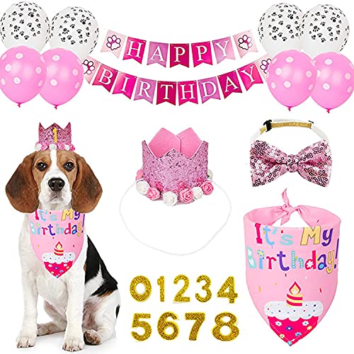 Dog Birthday Pink Flower Crown Hat Triangle Scarf Cute Cat and Dog Headdress Bow Tie Cat and Dog Celebration Birthday Balloon Banner Set, Small Medium Pet Birthday Party Decoration Supplies