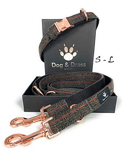 Dog & Dress Collar y Correa Perro, Oro Rosa, Collar Ajustable, Correa 2 m, 3 Anillos, mosquetón, Perros Pequeño Mediano Grande, Tweed + Nylon, Regalo Accesorios para Mascotas