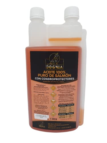 DOGNIA | Aceite 100% Puro de salmón con condroprotectores | Aceite de salmón para Perros y Gatos, suplemento de Omega 3 y 6. 1litro