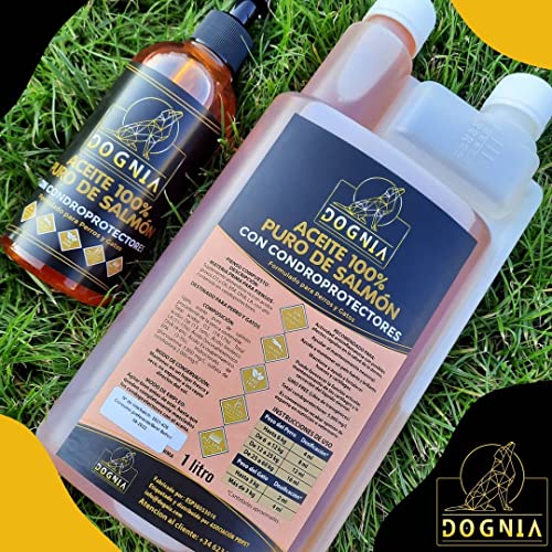 DOGNIA | Aceite 100% Puro de salmón con condroprotectores | Aceite de salmón para Perros y Gatos, suplemento de Omega 3 y 6. 1litro