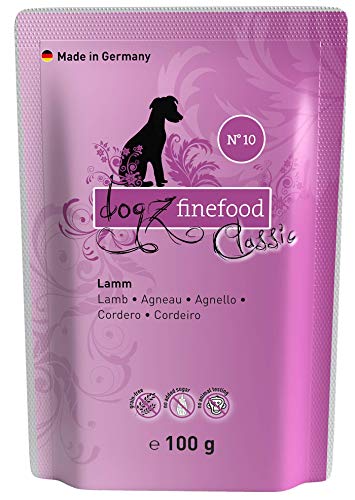 dogz finefood Comida húmeda para Perros - N° 10 Cordero - Comida húmeda para Perros y Cachorros - Sin Cereales ni azúcar - Alto Contenido de Carne, 12 Bolsas de 100 g