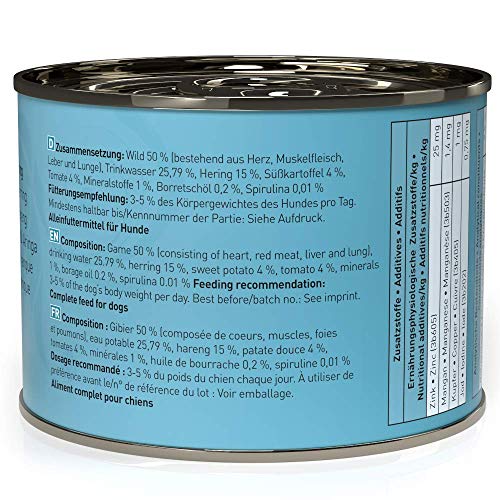 dogz finefood Comida húmeda para Perros – N° 12 Wild & Hering – Comida húmeda para Perros & Cachorros – Sin Cereales y sin azúcar – Alto Contenido de Carne – 6 x 200 g Lata