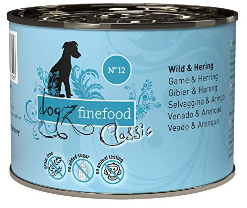 dogz finefood Comida húmeda para Perros – N° 12 Wild & Hering – Comida húmeda para Perros & Cachorros – Sin Cereales y sin azúcar – Alto Contenido de Carne – 6 x 200 g Lata