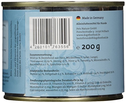 dogz finefood Comida húmeda para Perros – N° 12 Wild & Hering – Comida húmeda para Perros & Cachorros – Sin Cereales y sin azúcar – Alto Contenido de Carne – 6 x 200 g Lata