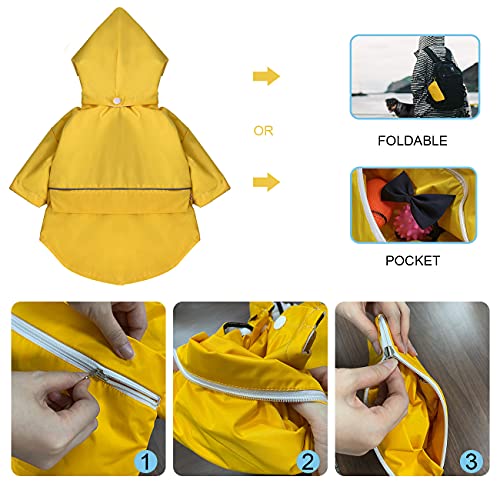 DOZCA - Chubasquero Perro Plegable con Capucha, Poncho Impermeable Perro, Chubasquero Perro Pequeño y Mediano con Correa Reflectante, Manta Impermeable Perro Resistente a la Lluvia (L, Amarillo)