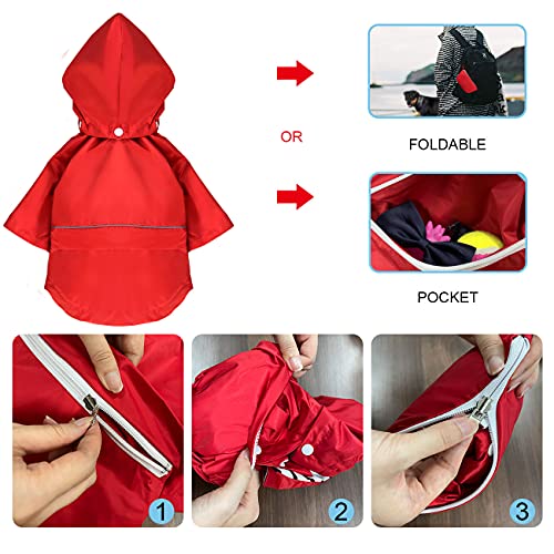 DOZCA - Chubasquero Perro Plegable con Capucha, Poncho Impermeable Perro, Chubasquero Perro Pequeño y Mediano con Correa Reflectante, Manta Impermeable Perro Resistente a la Lluvia (S, Rojo)