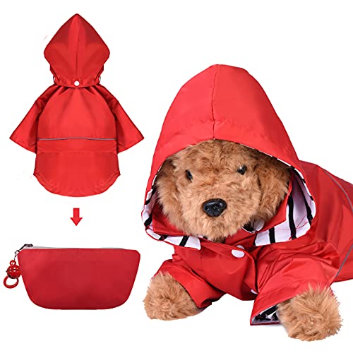 DOZCA - Chubasquero Perro Plegable con Capucha, Poncho Impermeable Perro, Chubasquero Perro Pequeño y Mediano con Correa Reflectante, Manta Impermeable Perro Resistente a la Lluvia (S, Rojo)