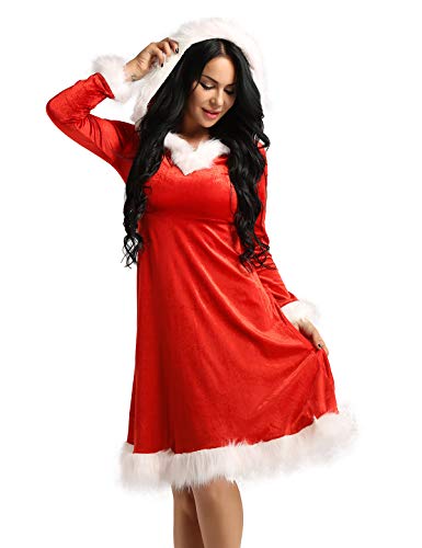 dPois Disfraz Miss Santa Navidad Vestido con Capucha Cosplay Traje de Terciopelo para Mujer Chica Atractiva Sra. Mamá Noel Ropa de Fiesta Navidad Carnaval Vestido Lujo Rojo Medium