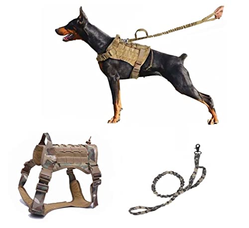 Ducomi Arnés Táctico Militar + Correa para Perro K9, Perros de Entrenamiento y de Trabajo - Arnés Chaleco para Perros Medianos, Grandes, Pastor Alemán, Pitbull, Rottweiler (Camo + Correa, M)