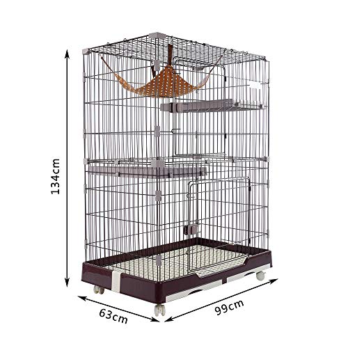 DZLA Jaula para Gatos Gato casa con 3 Niveles Jaula para Mascotas Villa para Gato Jaula para Animales pequeños Gatitos, Chinchillas, azúcar (L-99×63×134cm, Marrón)