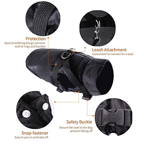 Eastlion Abrigo Perro Pequeño para Invierno,Impermeable Chaleco Prueba de Viento con Orificio para arnés,Cálido Chaqueta Ropa para Mascotas Cachorro,Negro,XS