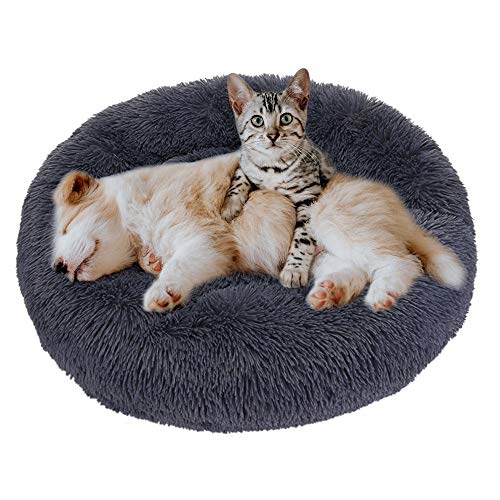 Eastlion Cama Perro Deluxe Felpa Redonda,Plush Cama Calmante Donut Gato Suave Cómoda,Nido Calentito Cojín Lavable para Mascotas Pequeña Gatos y Perros(Gris Oscuro-Diámetro:60 CM)