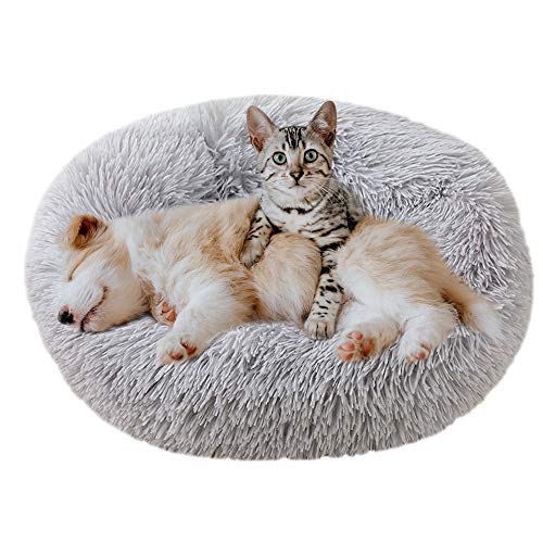 Eastlion Cama Perro Deluxe Felpa Redonda,Plush Cama Calmante Donut Gato Suave Cómoda,Nido Calentito Cojín Lavable para Mascotas Pequeña Gatos y Perros(Gris Claro-Diámetro:50 CM)