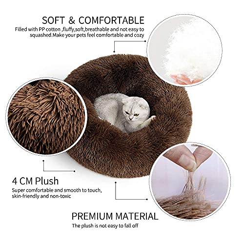 Eastlion Cama Perro Deluxe Felpa Redonda,Plush Cama Calmante Donut Gato Suave Cómoda,Nido Calentito Cojín Lavable para Mascotas Pequeña Gatos y Perros(Beige-Diámetro:50 CM)