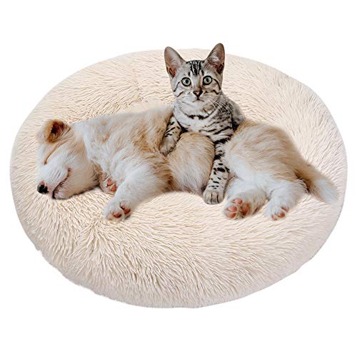 Eastlion Cama Perro Deluxe Felpa Redonda,Plush Cama Calmante Donut Gato Suave Cómoda,Nido Calentito Cojín Lavable para Mascotas Pequeña Gatos y Perros(Beige-Diámetro:50 CM)