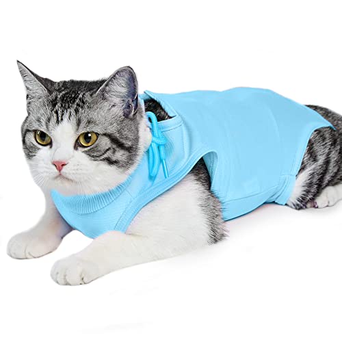 Easy Joy Traje de Recuperación Profesional para Gatos, Anti-Lamido Medical Chaleco con Pasta Magica, E-Collar Alternativa para Gatos, para Gatito Heridas Abdominales o Enfermedades de la Piel(S,Azul)