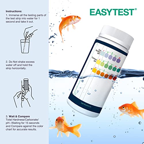 EASYTEST 3 en 1 Tiras de Prueba Acuario Kit de Prueba de Tanque de Peces para Monitoreo de Agua Salada de Agua Dulce,Carbonato Total y Dureza (GH y KH)