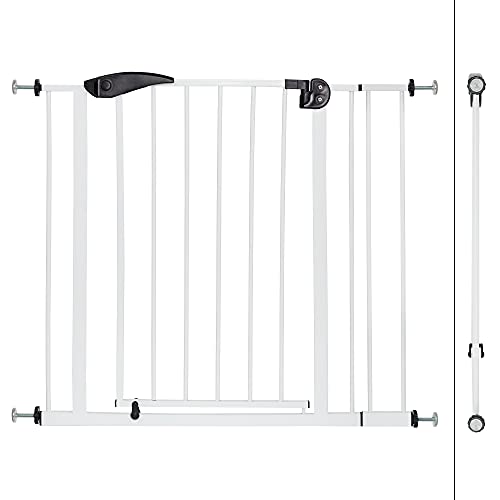 ECD Germany Barrera de Seguridad para Niños, Perros y Gatos 85-95 cm incl. 10cm de Extensión Protector de Puerta Metálico Blanco Giratoria Ambos Lados Sistema de Cierre Automático para Escaleras