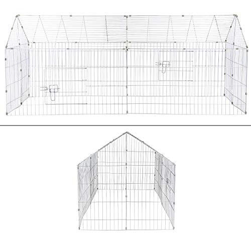 ECD Germany Parque para Animales Pequeños 180x74x75 cm Recinto Exterior de Metal Galvanizado Resistente a la Intemperie Corredor Libre con Portección Solar Corral Jaula para Conejos Cobayas y Gallinas