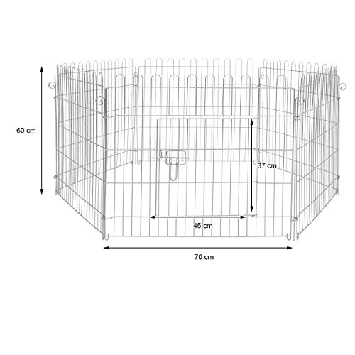 ECD Germany Parque para Animales Pequeños 70x60cm Recinto Exterior de Metal Galvanizado Resistente a la Intemperie Corredor Libre de 6 Rejillas 1 Puerta Corral Jaula para Conejos Cobayas y Gallinas