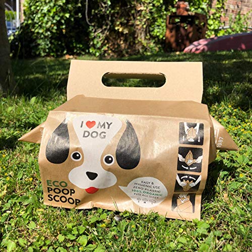 EcoPoopScoop Bolsas ecológicas para excrementos de perro de papel y cartón. 110 unidades. Fabricadas con 75% material reciclado y papel kraft. 100% biodegradable.