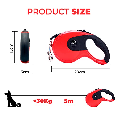 Edipets, Correa Perro Extensible, Retráctil, 3, 5 y 8 Metros, Cinta Flexible para Adiestramiento y Paseo, para Perros Pequeños, Medianos y Grandes (Rojo, 5 Metros)