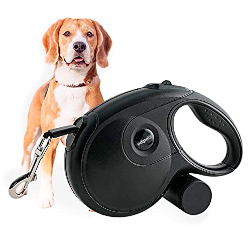 Edipets, Correa Perro Extensible, Retráctil con Porta Bolsas, de 3, 5 y 8 Metros, Cinta Flexible para Adiestramiento y Paseo, Negro (5 Metros)