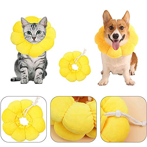 EIKLNN Collar de Recuperación para Mascotas, Collar Protector para Gato, Cono de Cuello Isabelino Ajustable, Collar Anti Mordida de Borde Suave, para Perros y Gatos, Flor del Sol