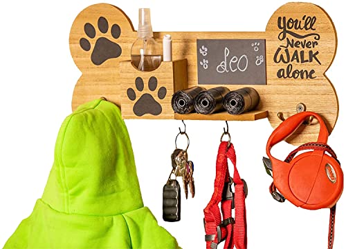 Emotiset Perchero de Pared de Madera con 6 Ganchos Ideal para Colgar Correas y Accesorios de tu Perro o Mascota.Personalizable con Pizarra Contiene rotulador Tiza.Regalo Amantes de los Animales.