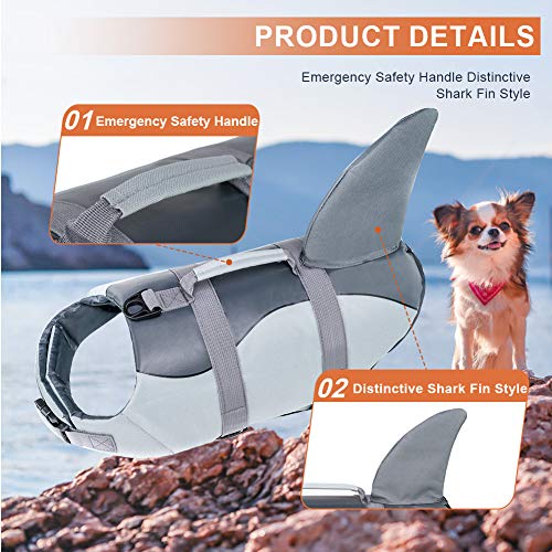 EMUST Chaleco salvavidas para perro tiburón, Ripstop perro salvavidas chalecos con mango de rescate para perros pequeños, medianos y grandes, protección de traje de baño para piscina, playa, barco